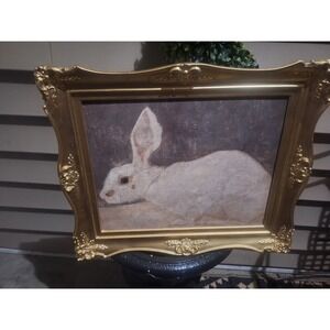 Vintage ornate gold frame with 2 prints white rabbit and Victorian lady